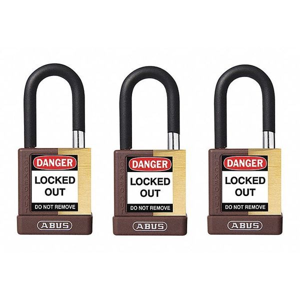 Keyed Padlock, Open, Rectangular Brass Body, Plastic Encased Hardened Steel Shackle, 3/4 in W