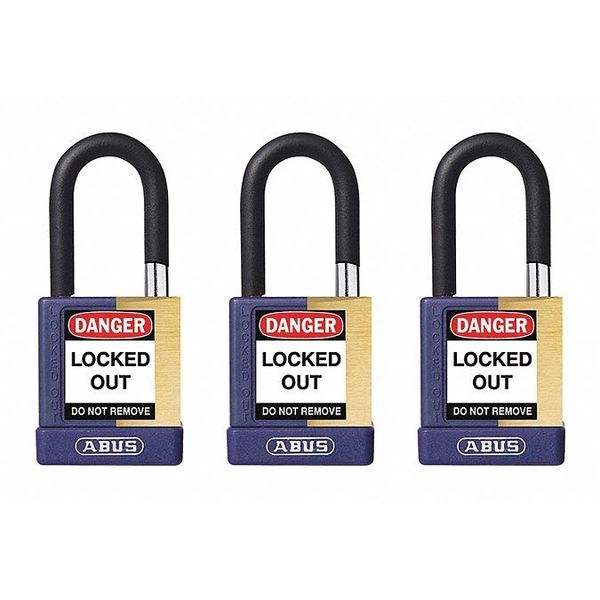 Keyed Padlock, Open, Rectangular Brass Body, Plastic Encased Hardened Steel Shackle, 3/4 in W