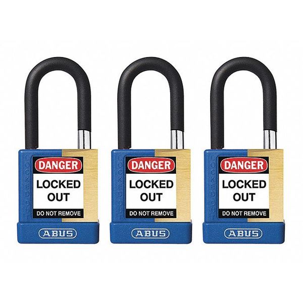 Keyed Padlock, Open, Rectangular Brass Body, Plastic Encased Hardened Steel Shackle, 3/4 in W