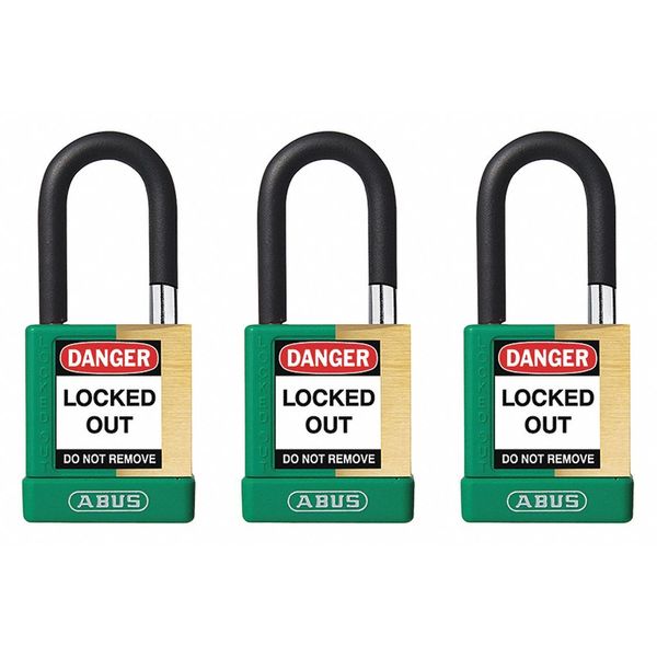 Keyed Padlock, Open, Rectangular Brass Body, Plastic Encased Hardened Steel Shackle, 3/4 in W