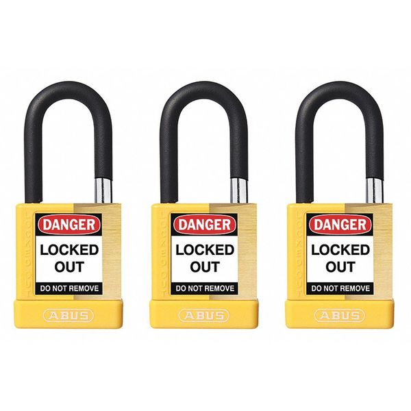 Keyed Padlock, Open, Rectangular Brass Body, Plastic Encased Hardened Steel Shackle, 3/4 in W
