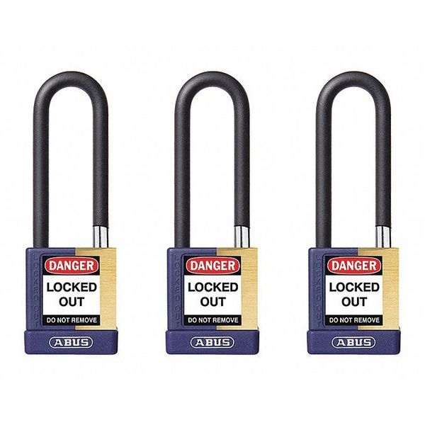 Keyed Padlock, Open, Rectangular Brass Body, Plastic Encased Hardened Steel Shackle, 3/4 in W