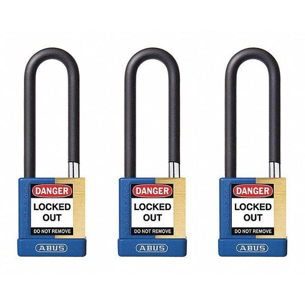 Keyed Padlock, Open, Rectangular Brass Body, Plastic Encased Hardened Steel Shackle, 3/4 in W