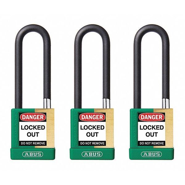 Keyed Padlock, Open, Rectangular Brass Body, Plastic Encased Hardened Steel Shackle, 3/4 in W