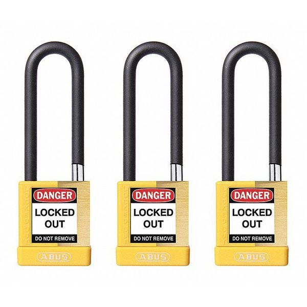 Keyed Padlock, Open, Rectangular Brass Body, Plastic Encased Hardened Steel Shackle, 3/4 in W