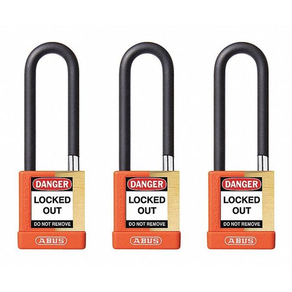 Keyed Padlock, Open, Rectangular Brass Body, Plastic Encased Hardened Steel Shackle, 3/4 in W