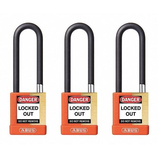 Keyed Padlock, Open, Rectangular Brass Body, Plastic Encased Hardened Steel Shackle, 3/4 in W