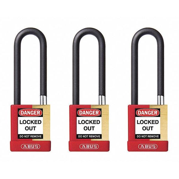 Keyed Padlock, Open, Rectangular Brass Body, Plastic Encased Hardened Steel Shackle, 3/4 in W