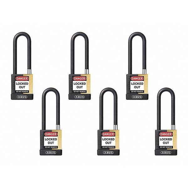 Keyed Padlock, Open, Rectangular Brass Body, Plastic Encased Hardened Steel Shackle, 3/4 in W