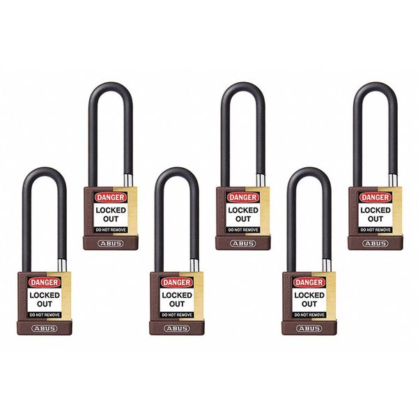 Keyed Padlock, Open, Rectangular Brass Body, Plastic Encased Hardened Steel Shackle, 3/4 in W