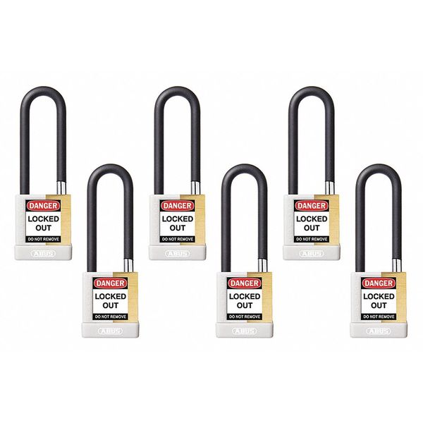 Keyed Padlock, Open, Rectangular Brass Body, Plastic Encased Hardened Steel Shackle, 3/4 in W