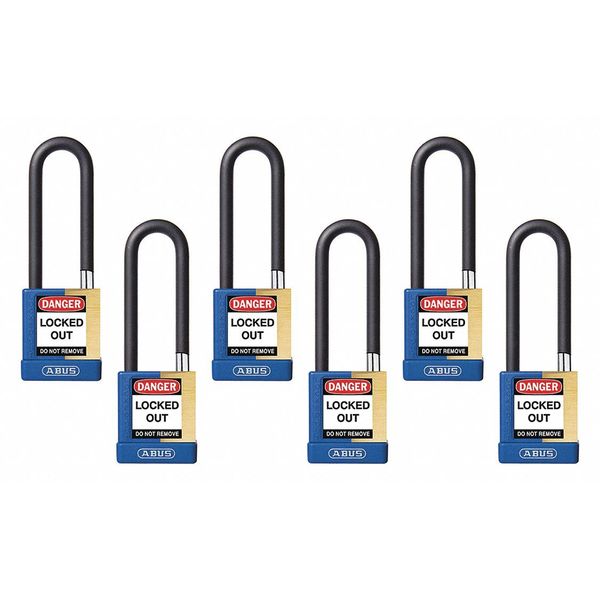 Keyed Padlock, Open, Rectangular Brass Body, Plastic Encased Hardened Steel Shackle, 3/4 in W