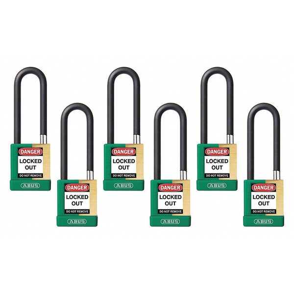 Keyed Padlock, Open, Rectangular Brass Body, Plastic Encased Hardened Steel Shackle, 3/4 in W