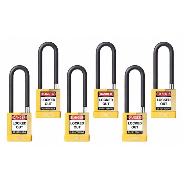 Keyed Padlock, Open, Rectangular Brass Body, Plastic Encased Hardened Steel Shackle, 3/4 in W