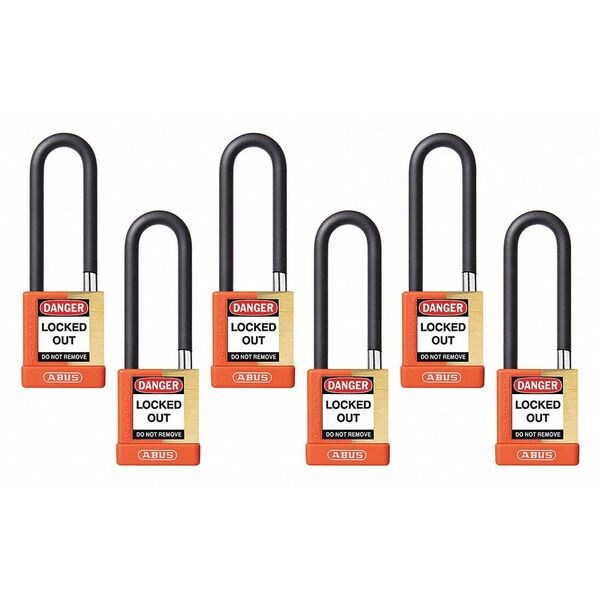 Keyed Padlock, Open, Rectangular Brass Body, Plastic Encased Hardened Steel Shackle, 3/4 in W