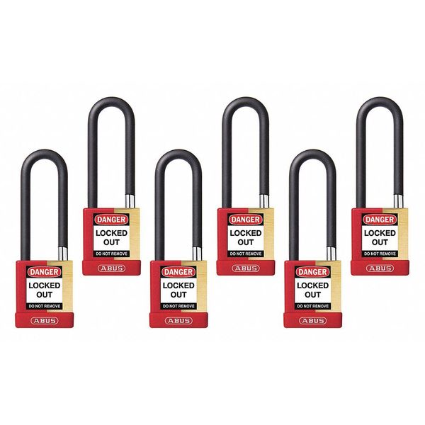 Keyed Padlock, Open, Rectangular Brass Body, Plastic Encased Hardened Steel Shackle, 3/4 in W