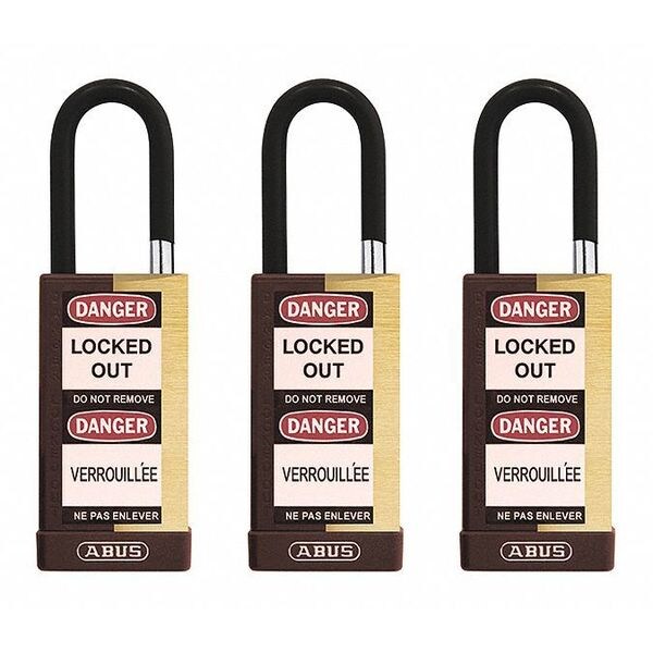 Keyed Padlock, Open, Rectangular Brass Body, Plastic Encased Hardened Steel Shackle, 3/4 in W