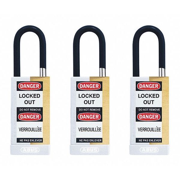 Keyed Padlock, Open, Rectangular Brass Body, Plastic Encased Hardened Steel Shackle, 3/4 in W