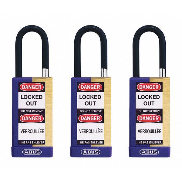 Keyed Padlock, Open, Rectangular Brass Body, Plastic Encased Hardened Steel Shackle, 3/4 in W