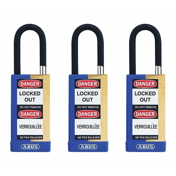 Keyed Padlock, Open, Rectangular Brass Body, Plastic Encased Hardened Steel Shackle, 3/4 in W