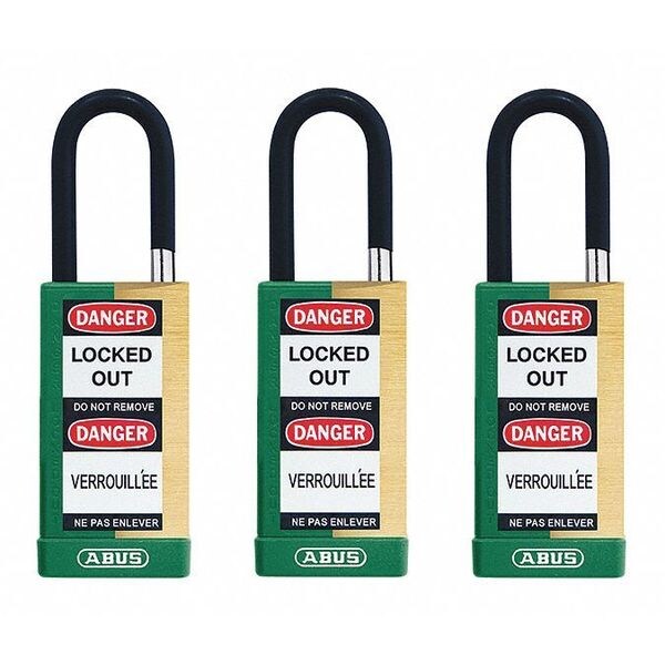 Keyed Padlock, Open, Rectangular Brass Body, Plastic Encased Hardened Steel Shackle, 3/4 in W