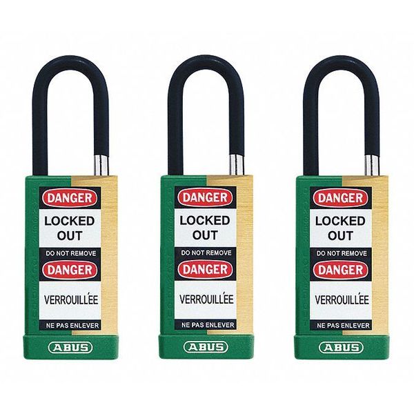 Keyed Padlock, Open, Rectangular Brass Body, Plastic Encased Hardened Steel Shackle, 3/4 in W