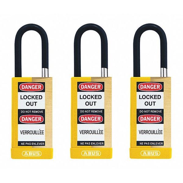 Keyed Padlock, Open, Rectangular Brass Body, Plastic Encased Hardened Steel Shackle, 3/4 in W