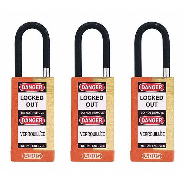 Keyed Padlock, Open, Rectangular Brass Body, Plastic Encased Hardened Steel Shackle, 3/4 in W
