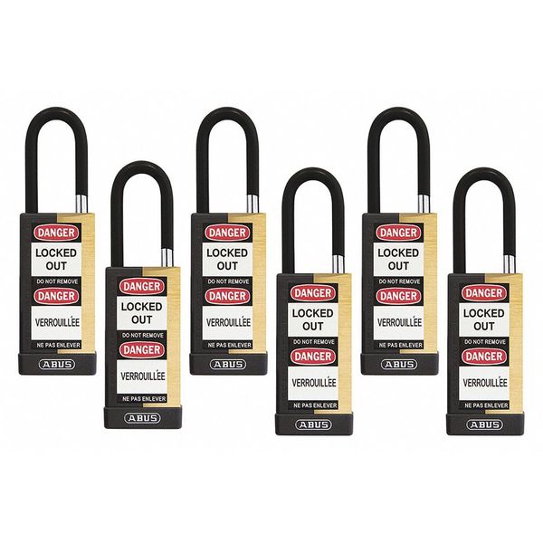 Keyed Padlock, Open, Rectangular Brass Body, Plastic Encased Hardened Steel Shackle, 3/4 in W
