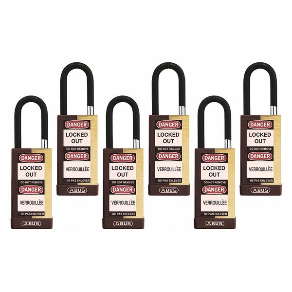Keyed Padlock, Open, Rectangular Brass Body, Plastic Encased Hardened Steel Shackle, 3/4 in W