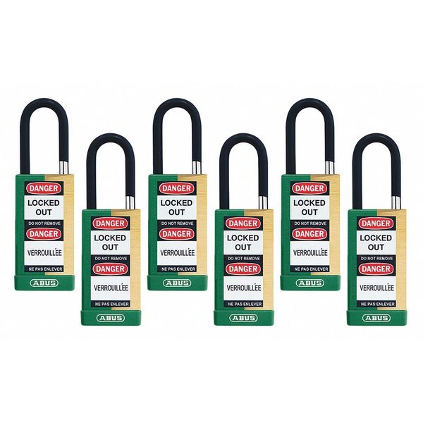 Keyed Padlock, Open, Rectangular Brass Body, Plastic Encased Hardened Steel Shackle, 3/4 in W