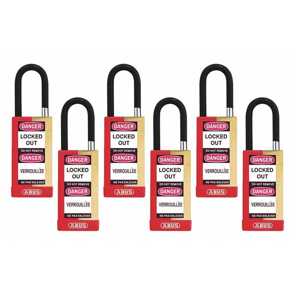 Keyed Padlock, Open, Rectangular Brass Body, Plastic Encased Hardened Steel Shackle, 3/4 in W