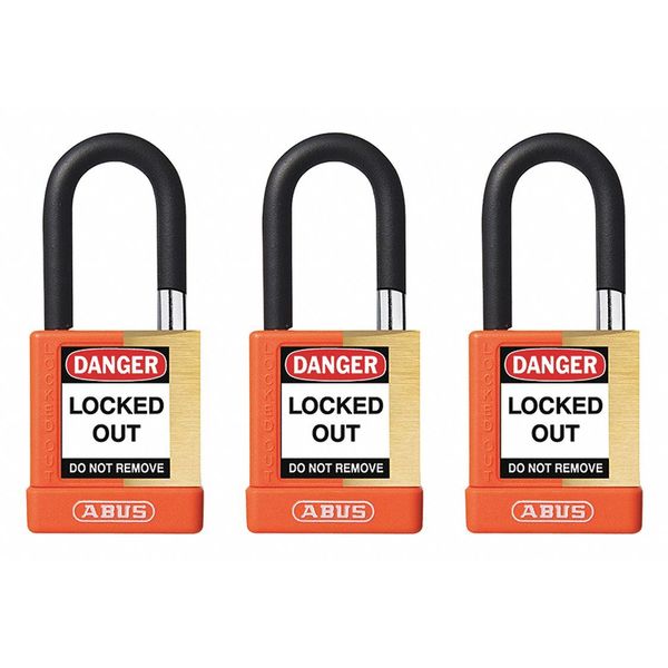Keyed Padlock, Open, Rectangular Brass Body, Plastic Encased Hardened Steel Shackle, 3/4 in W