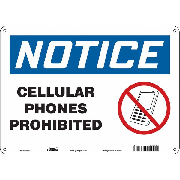 Safety Sign Cell Phone, 10 in H, 14 in W, Aluminum, Horizontal Rectangle, English, 451P50