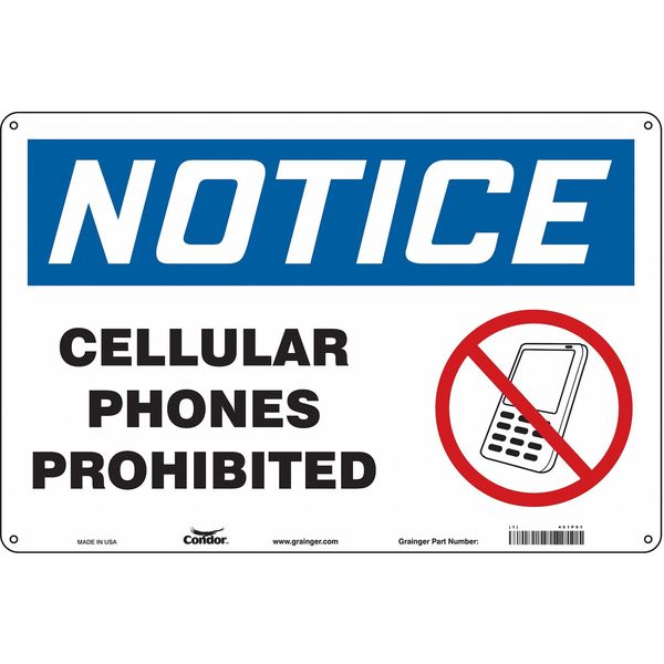 Safety Sign Cell Phone, 12 in H, 18 in W, Aluminum, Horizontal Rectangle, English, 451P51