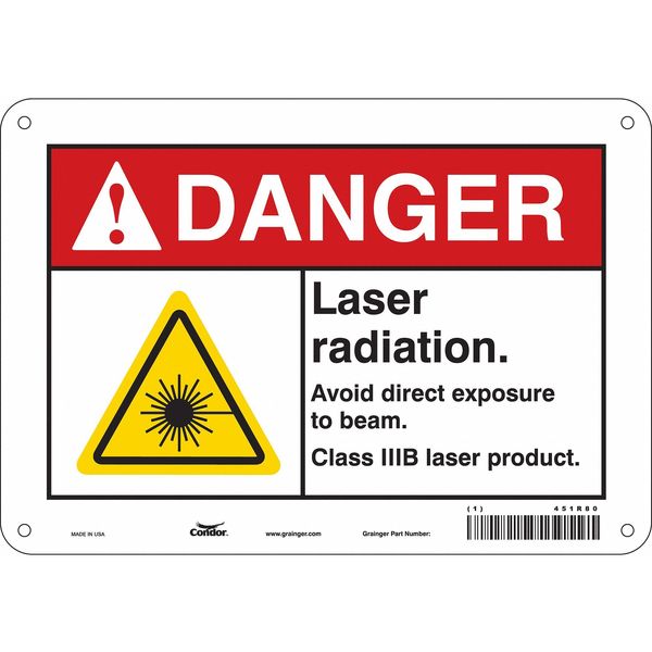 Laser Warning Sign, 7 in H, 10 in W, Aluminum, Vertical Rectangle, 451R80