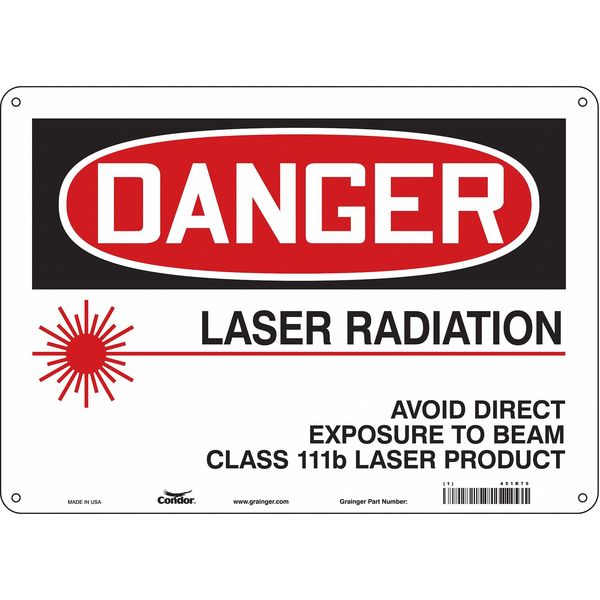 Laser Warning Sign, 10 in H, 14 in W, Aluminum, Horizontal Rectangle, 451R75