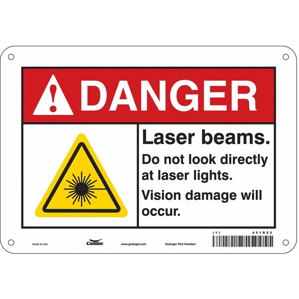 Laser Warning Sign, 7 in H, 10 in W, Aluminum, Vertical Rectangle, 451R55