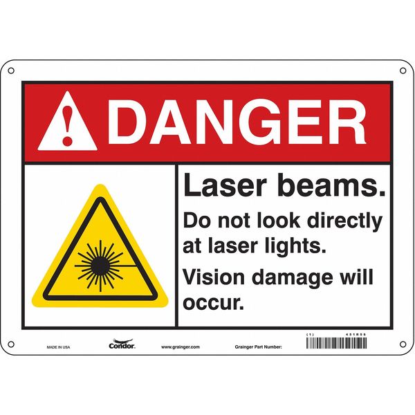 Laser Warning Sign, 10 in H, 14 in W, Aluminum, Horizontal Rectangle, 451R56