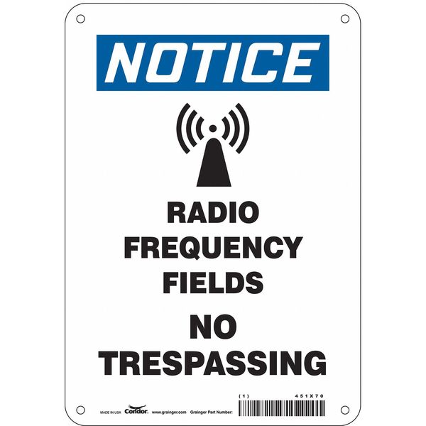 Safety Sign Radiofrequency/Microwave, 10 in H, 7 in W, Aluminum, Horizontal Rectangle, 451X70