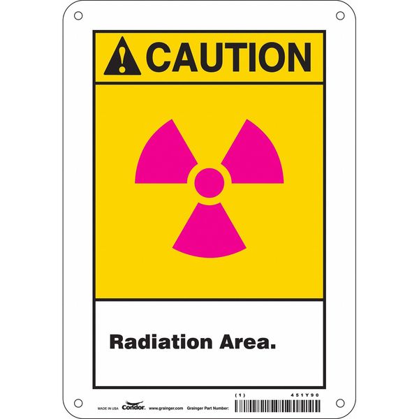 Radiation Safety Sign, 10 in H, 7 in W, Aluminum, Horizontal Rectangle, 451Y90