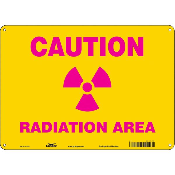 Radiation Safety Sign, 10 in H, 14 in W, Aluminum, Horizontal Rectangle, 451Y76