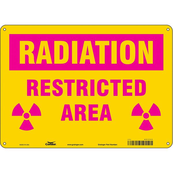 Radiation Safety Sign, 10 in H, 14 in W, Aluminum, Horizontal Rectangle, 451Y33