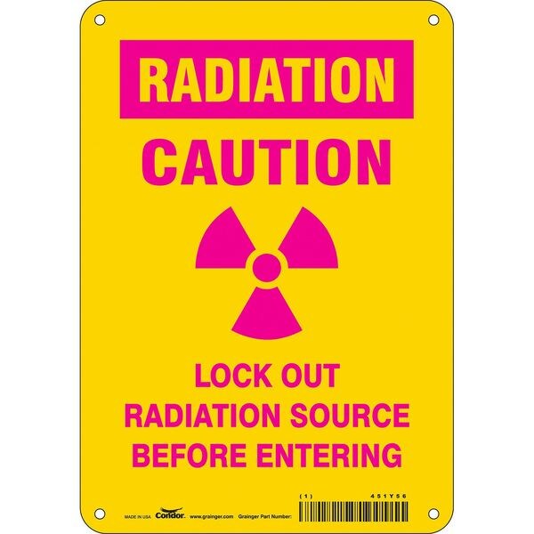 Radiation Safety Sign, 10 in H, 7 in W, Aluminum, Horizontal Rectangle, 451Y56