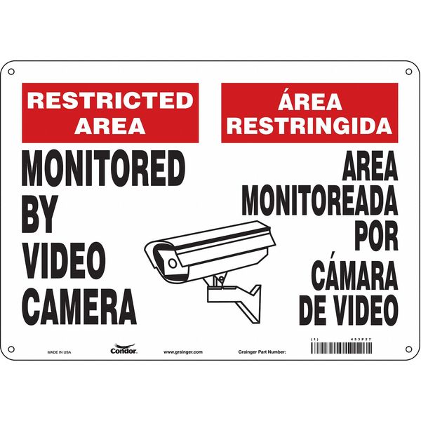 Security Sign, 10 in Height, 14 in Width, Aluminum, Horizontal Rectangle, English, Spanish