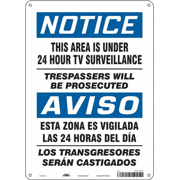 Security Sign, 14 in Height, 10 in Width, Aluminum, Vertical Rectangle, English, Spanish