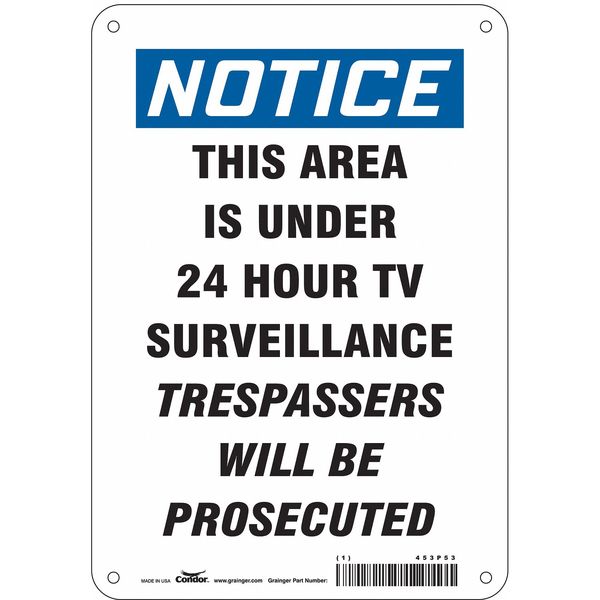 Security Sign, 10 in H, 7 in W, Aluminum, Horizontal Rectangle, English, 453P53