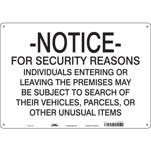 Security Sign, 14 in H, 20 in W, Aluminum, Horizontal Rectangle, English, 453R14
