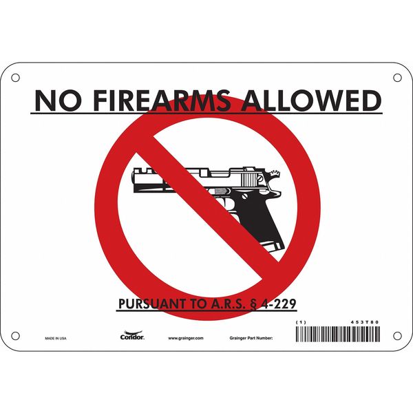 No Concealed Weapons Sign, 7 in H, 10 in W, Aluminum, Vertical Rectangle, English, 453T80