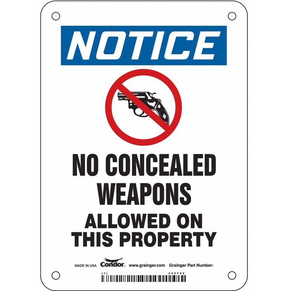 No Concealed Weapons Sign, 7 in H, 5 in W, Aluminum, Vertical Rectangle, English, 453T99